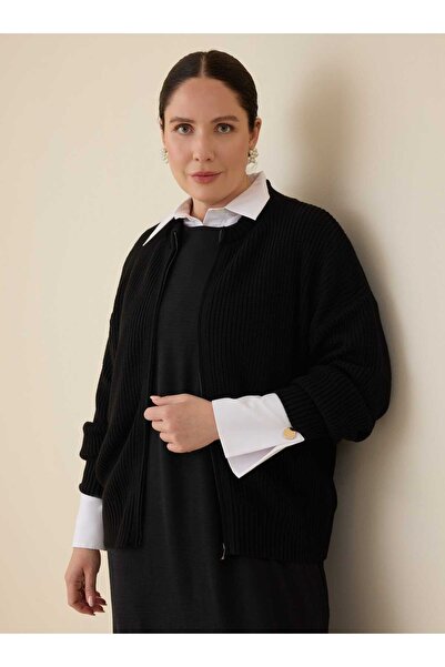 ALİA Λεπτομέρεια με φερμουάρ Plus Size Knitwear Bomber Cardigan - Μαύρο - Alia