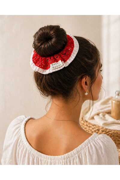 Handmade Betty Bands Kırmızı Dantel Scrunchie Saç Tokası – Şık ve Hacimli Top...