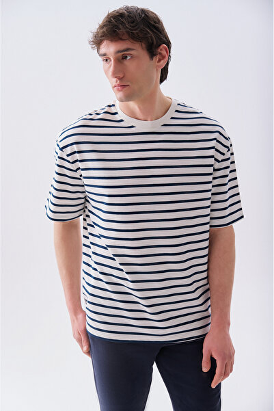 Mudo Men's Navy Blue Striped Oversize Crew Neck T-Shirt