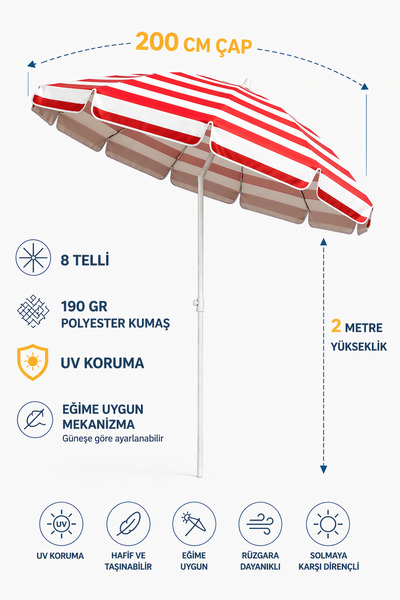 Düvenci Kırmızı Beyaz 200cm, 8 telli Plaj Şemsiyesi