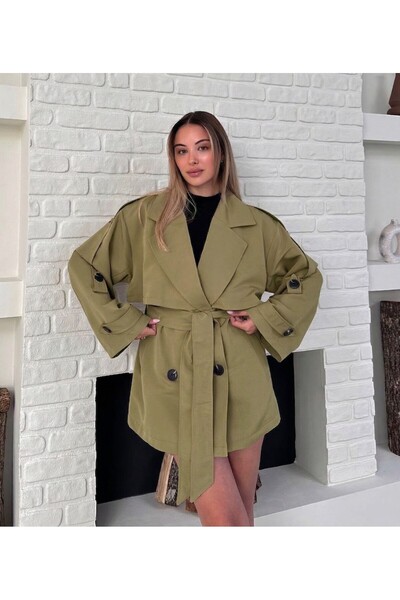 VESS MODA Γυναικεία κοντή καμπαρντίνα με λεπτομέρεια στη ζώνη, χακί