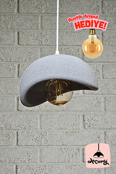decory Açık Gri Beton Görünümlü Tekli Sarkıt Avize, Cozy Tarz Bohem Sarkıt Av...