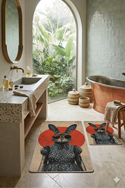 Homeilla 2-Piece Bathroom Mat Set - Retro Design with Glasses-Wearing Rabbit ...