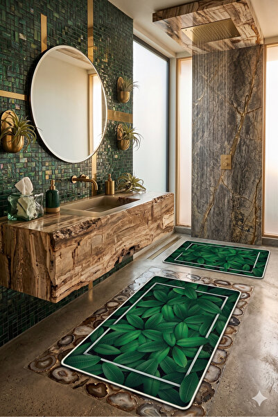 Homeilla Set de 2 covorașe de baie - Design botanic cu model de frunze verzi,...
