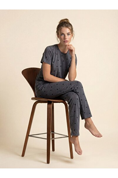 PİJAMOOD Σετ γυναικεία κοντομάνικη πιτζάμες με βαμβακερό γκρι σχέδιο