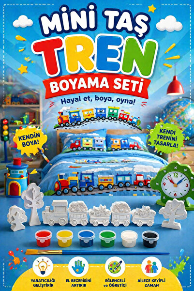 Atölye yüksel Mini Taş Tren Seti = 8 Taş + 6 Renk Boya + 1 Fırça