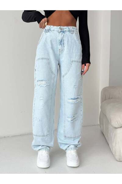 HerTon Yüksek Bel Dikişli ve Yırtık Detaylı Wide Leg Jean
