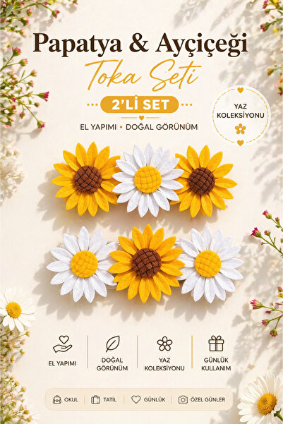 Design 4N Papatya & Aiçeği Keçe Toka / Otomat Toka (12 cm)