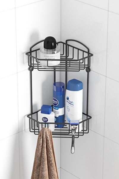 Tekno-tel Teknotel Διώροφο Ράφι Μπάνιου με Γάντζους και Θήκη Σαμπουάν Μαύρο E...