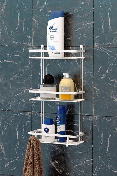 Teknotel 3Katlı Kancalı Banyo Rafı Şampuanlık Beyaz ES065H