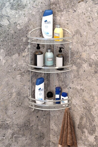 Teknotel Üç Katlı Kancalı Banyo Köşe Rafı Şampuanlık Paslanmaz Inox Saten BK083H