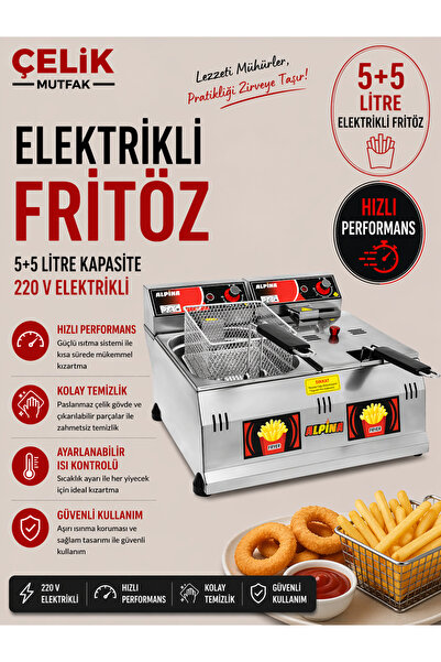ALPİNA MUTFAK Alpina 5+5 Litre Profesyonel Fritöz 220V Paslanmaz Çelik Büfe v...