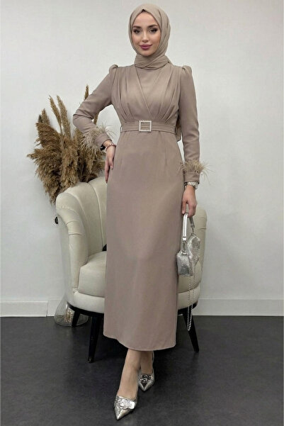 Tesettür Diyarı Γυναικεία κρέμα για φόρεμα από ύφασμα κρεπ με τρίχες