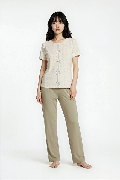 Ecrou Set de pijamale cu fundă din satin verde cu buline