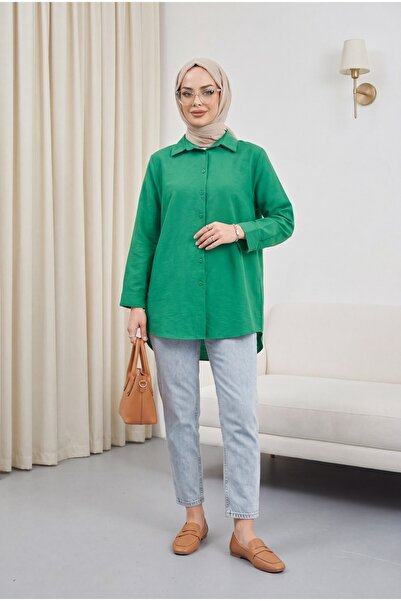 Modamorfo Πουκάμισο ποπλίνα με μακριά κουμπιά στην πλάτη - πράσινο