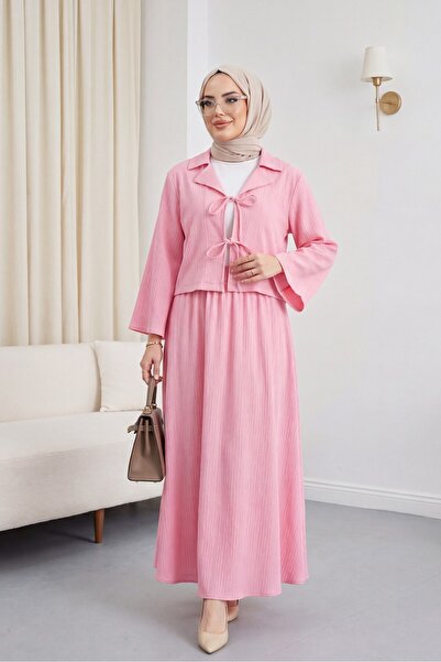 Modamorfo Tie-Front Skirted Crinkle Suit - Pink