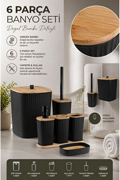 Store HGY Home Safir Real Bamboo Detailed Adhesive 6 τεμαχίων Μαύρο Σετ Μπάνιου