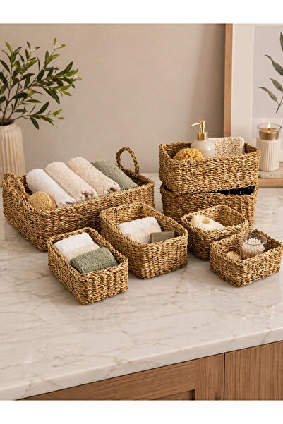 Evistro Διακοσμητικό Φυσικό Ορθογώνιο Ατζέντα Ψάθινο Καλάθι 7 τεμαχίων