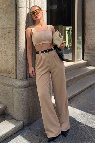 Madmext Μπεζ διπλό πλισέ παντελόνι με ζώνη Mg2330