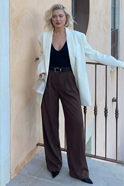 Madmext Καφέ Παντελόνι Διπλό Πλισέ Ζώνη Mg2330