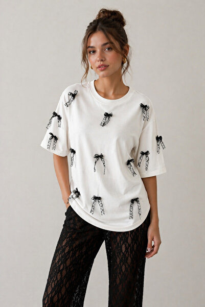 İLKCET MODA Κορδέλα Λεπτομέρεια Oversize Γυναικείο Tshirt