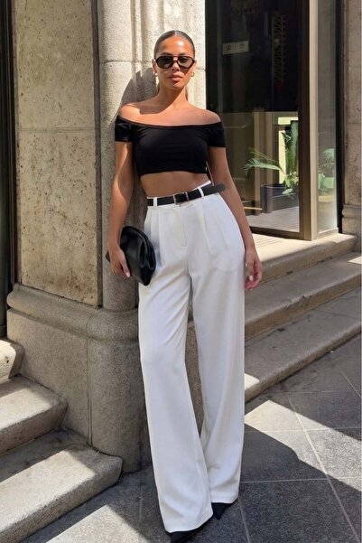 Madmext Λευκό Διπλό Πλισέ Ζώνη Παντελόνι Mg2330