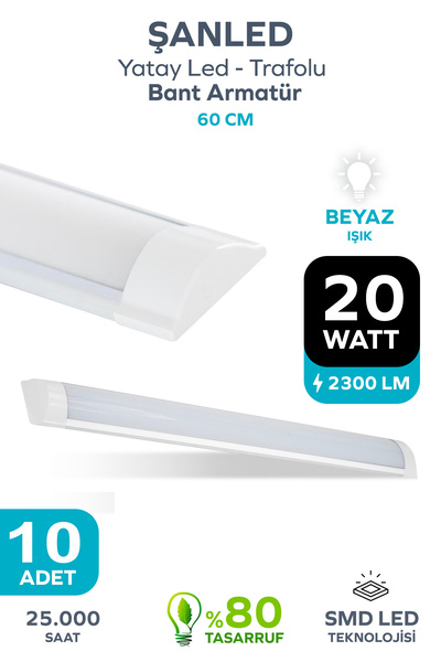 ŞANLED 60 cm 20 Watt Yatay Led Bant Armatür Beyaz Işık-10 Adettir