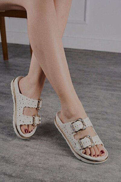 Nstil Λευκές κομψές πέτρινες γυναικείες παντόφλες με χρυσή λεπτομέρεια, διπλή...