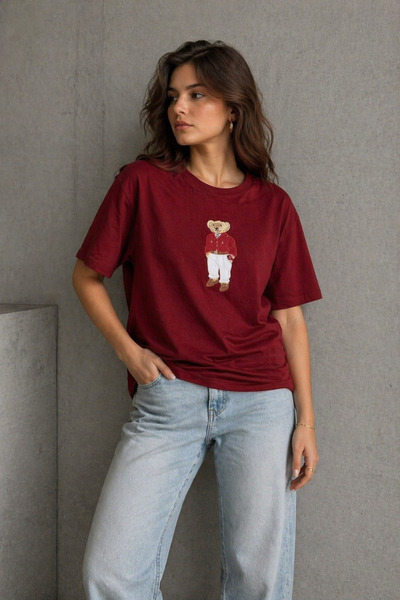 İLKCET MODA Γυναικείο μπλουζάκι Oversize με κέντημα αρκουδάκι