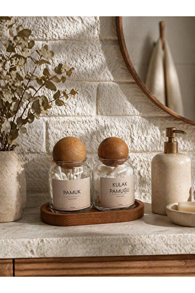 BUCOLIC 2’li Ahşap Top Kapaklı Cam Pamukluk Seti – Ahşap Standlı | Vintage Et...