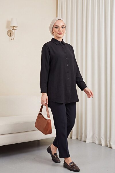 Modamorfo Πουκάμισο ποπλίνα με μακριά κουμπιά στην πλάτη - μαύρο