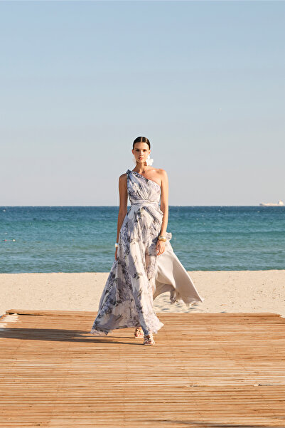 Carmen Μακρύ βραδινό μονόμανικο φόρεμα με στάμπα Indigo