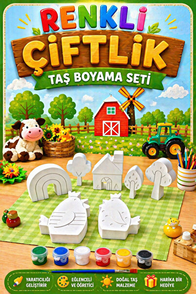 Atölye yüksel Renkli Çiftlik Taş Boyama Seti = 7 Taş + 6 Renk Boya + 1 Fırça