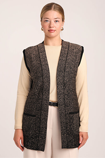 Uludağ Triko Γυναικείο πλεκτό γιλέκο χωρίς μανίκια σε καφέ χρώμα με τσέπες