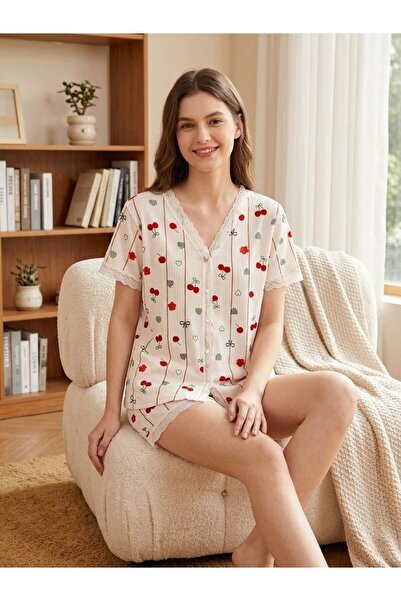 NOCHES PYJAMAS طقم بيجامة نسائي بأكمام قصيرة وشورت مزين بنقشة الكرز وأزرار عل...