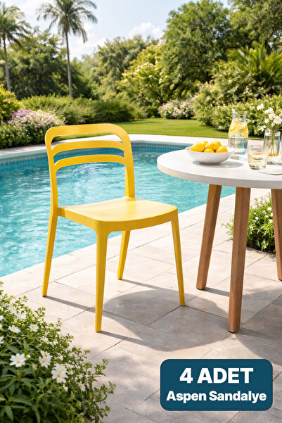 Alezy Aspen Plastik Bahçe Balkon Renkli Sandalye Hardal 4'lü Set