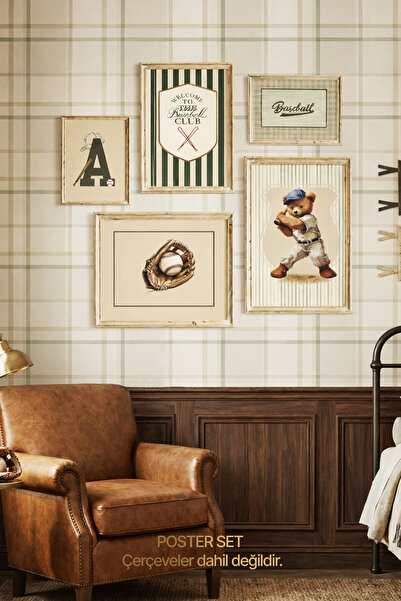 leilart Beyzbol Temalı ÇERÇEVESİZ Vintage Erkek Çocuk Odası Duvar Tablosu Seti