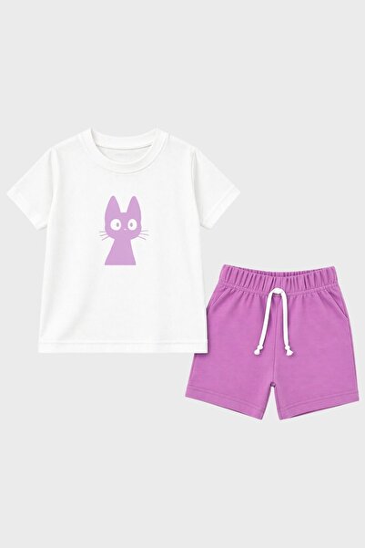 MARKOLL Κοριτσίστικο λευκό μπλουζάκι, μωβ σορτς, καλοκαιρινό σετ με στάμπα γά...