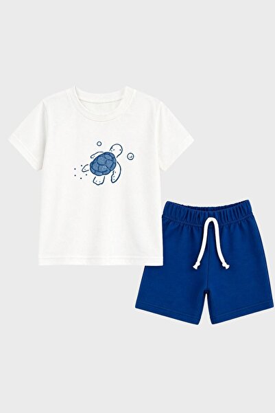 MARKOLL Αγορίστικο λευκό μπλουζάκι και μπλε σορτς Saks με στάμπα χελώνας, καλ...