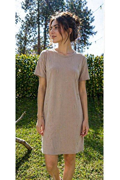 PAZEN MODA TAŞLI KADİFE ELBİSE BEJ RENK