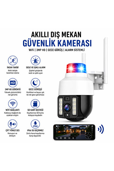 Teknomila Gece Görüşlü Led Işıklı 360° Dönebilen Alarmlı Ip Wifi Dış Ortam Gü...