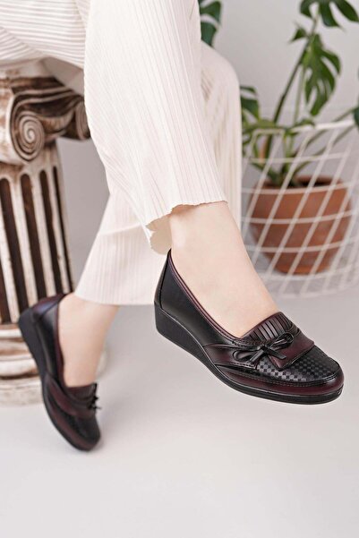 Nesil Shoes Ayzen 006 Black Claret Red Wedge Heel Women's Shoes