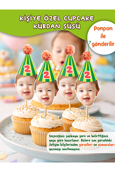 KiziHediye Kişiye Özel Fotoğraflı Cupcake Kürdan Süsü (Ponponlu Şapkalı, 6 Ad...