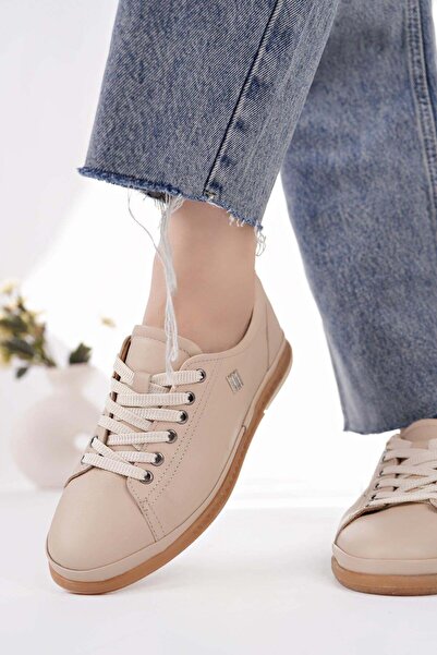 Nesil Shoes Modessa 160 Beige Lace-Up Genuine Soft Leather Women's Shoes