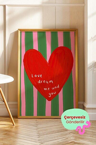 ArtDropsco Çizgili Kırmızı Kalp Poster Romantik Duvar Dekoru Çerçevesiz