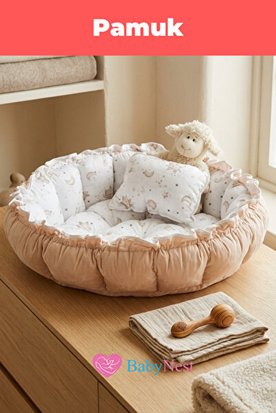 Babynest Yuvarlak Yatak/oyun Minderi Ve Yastığı Kahve Pike Püsküllü