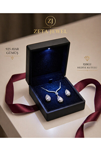 Zeta Jewel Damla Model Gümüş Set Işıklı Hediye Kutulu Şık Takı