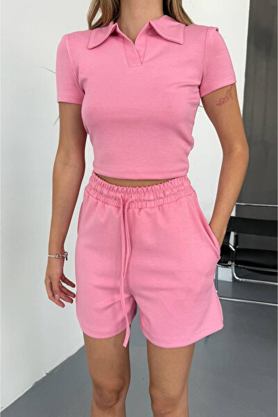 İLKCET MODA Σετ σορτς με μπλουζάκι από ύφασμα Modal σε ροζ χρώμα με λαιμόκοψη V
