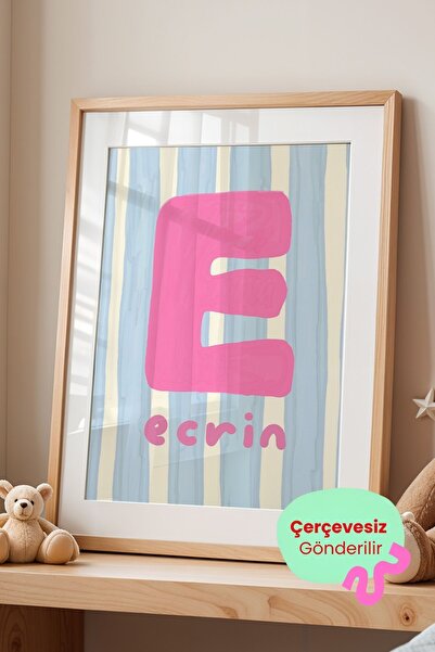 ArtDropsco Kişiye Özel Harfli Çocuk Odası Posteri Mavi Çizgili Minimal Duvar ...