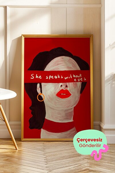ArtDropsco Kadın Portre Tablosu Kırmızı Modern Sanat Duvar Tablosu Yazılı Dek...